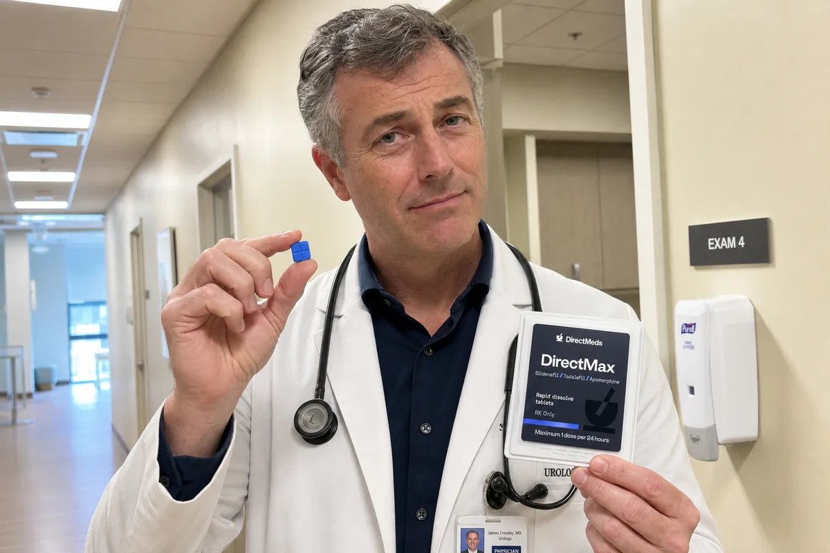 Board-certified urologist holding the DirectMax 3-in-1 rapid-dissolve tablet in his clinic