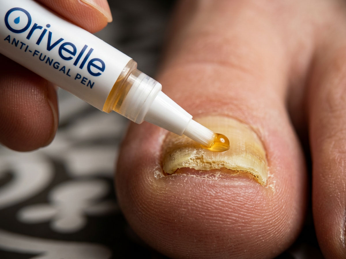 The Orivelle brush-on pen being applied to a toenail in close-up